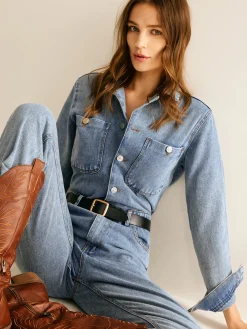 COMMENSE Denim|Bottoms^Cotton Long Sleeve Denim Jumpsuit Without Belt Blue