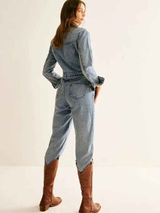 COMMENSE Denim|Bottoms^Cotton Long Sleeve Denim Jumpsuit Without Belt Blue