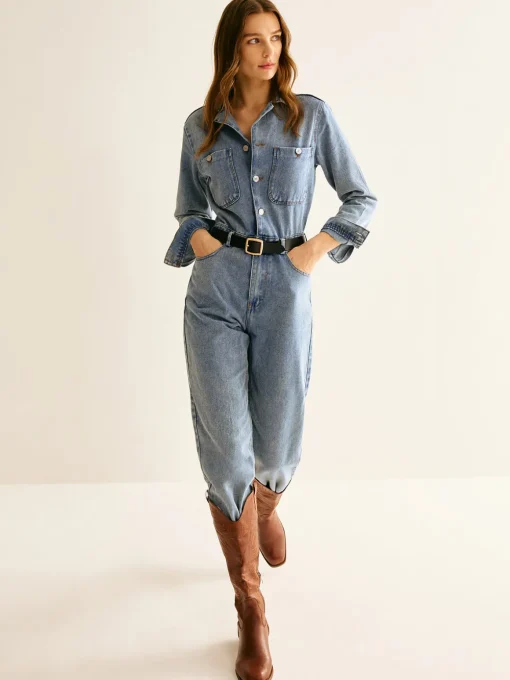 COMMENSE Denim|Bottoms^Cotton Long Sleeve Denim Jumpsuit Without Belt Blue