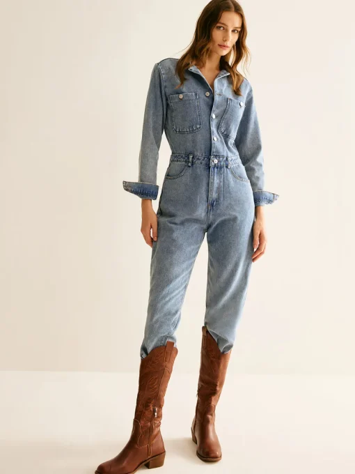 COMMENSE Denim|Bottoms^Cotton Long Sleeve Denim Jumpsuit Without Belt Blue