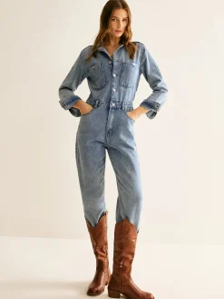 COMMENSE Denim|Bottoms^Cotton Long Sleeve Denim Jumpsuit Without Belt Blue