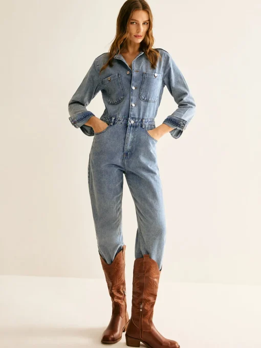 COMMENSE Denim|Bottoms^Cotton Long Sleeve Denim Jumpsuit Without Belt Blue