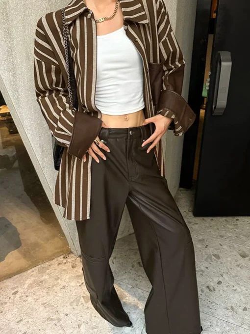 COMMENSE Blouses & Shirts|Tops^Cotton Panel Pinstripe Polo Shirt Brown