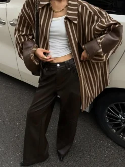 COMMENSE Blouses & Shirts|Tops^Cotton Panel Pinstripe Polo Shirt Brown