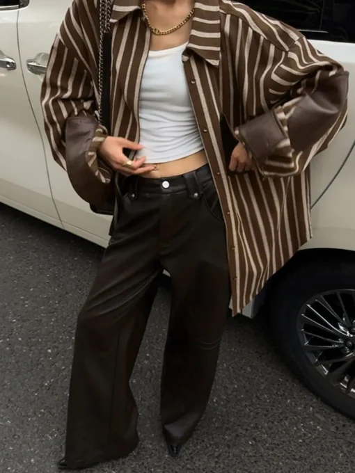 COMMENSE Blouses & Shirts|Tops^Cotton Panel Pinstripe Polo Shirt Brown