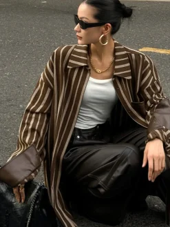 COMMENSE Blouses & Shirts|Tops^Cotton Panel Pinstripe Polo Shirt Brown