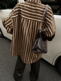 COMMENSE Blouses & Shirts|Tops^Cotton Panel Pinstripe Polo Shirt Brown