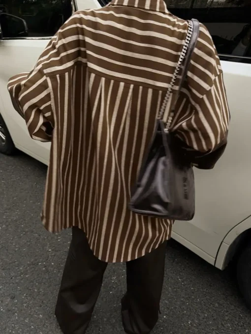 COMMENSE Blouses & Shirts|Tops^Cotton Panel Pinstripe Polo Shirt Brown