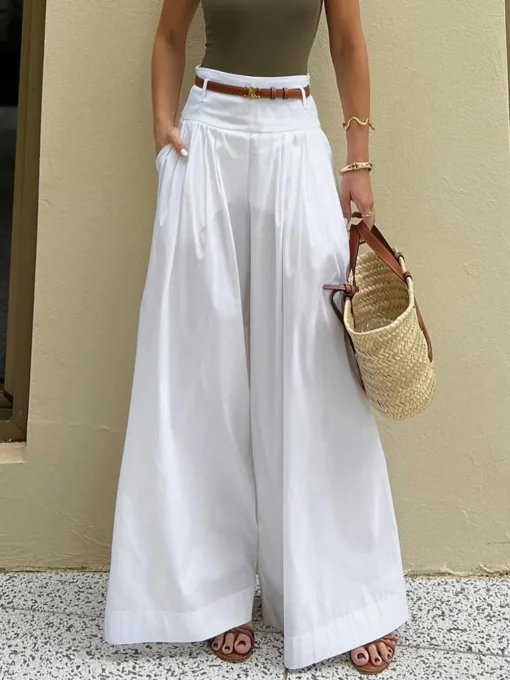 COMMENSE Wide Leg|Pants^Cotton Pleated Wide Leg Pants White