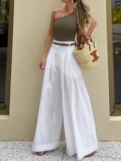 COMMENSE Wide Leg|Pants^Cotton Pleated Wide Leg Pants White