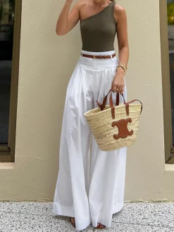 COMMENSE Wide Leg|Pants^Cotton Pleated Wide Leg Pants White