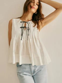 COMMENSE Blouses & Shirts|Tops^Cotton Ruffle Pleated Tie Front Blouse White
