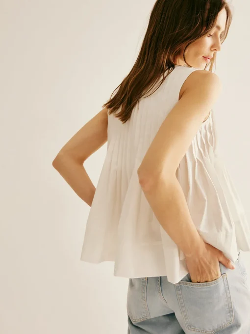 COMMENSE Blouses & Shirts|Tops^Cotton Ruffle Pleated Tie Front Blouse White