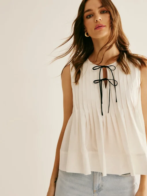 COMMENSE Blouses & Shirts|Tops^Cotton Ruffle Pleated Tie Front Blouse White