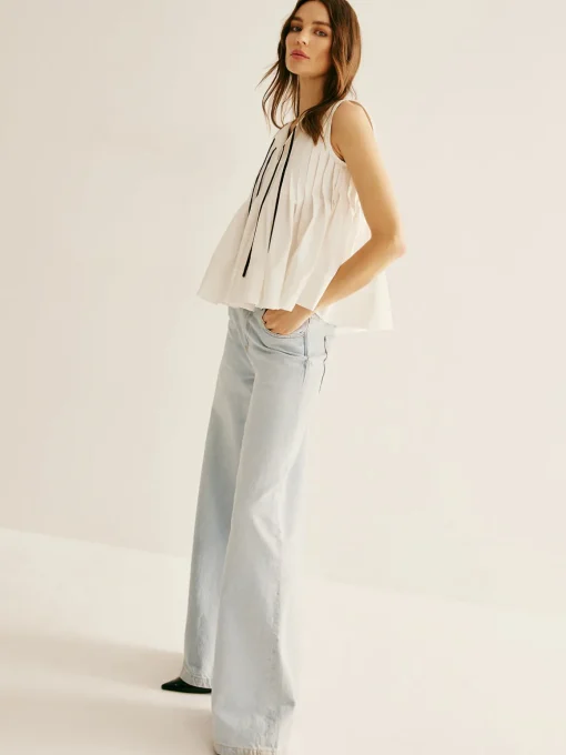 COMMENSE Blouses & Shirts|Tops^Cotton Ruffle Pleated Tie Front Blouse White