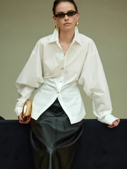 COMMENSE Blouses & Shirts|Tops^Cotton Side Pleated Polo Shirt White