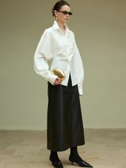 COMMENSE Blouses & Shirts|Tops^Cotton Side Pleated Polo Shirt White