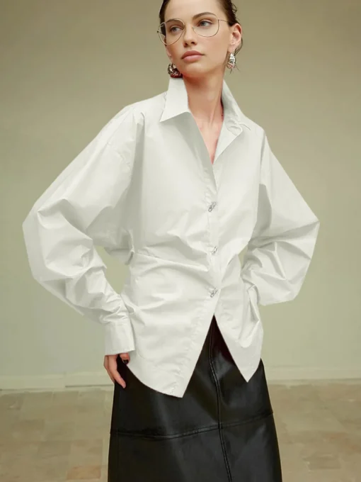 COMMENSE Blouses & Shirts|Tops^Cotton Side Pleated Polo Shirt White