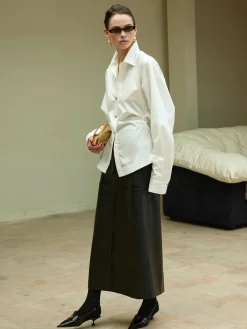 COMMENSE Blouses & Shirts|Tops^Cotton Side Pleated Polo Shirt White
