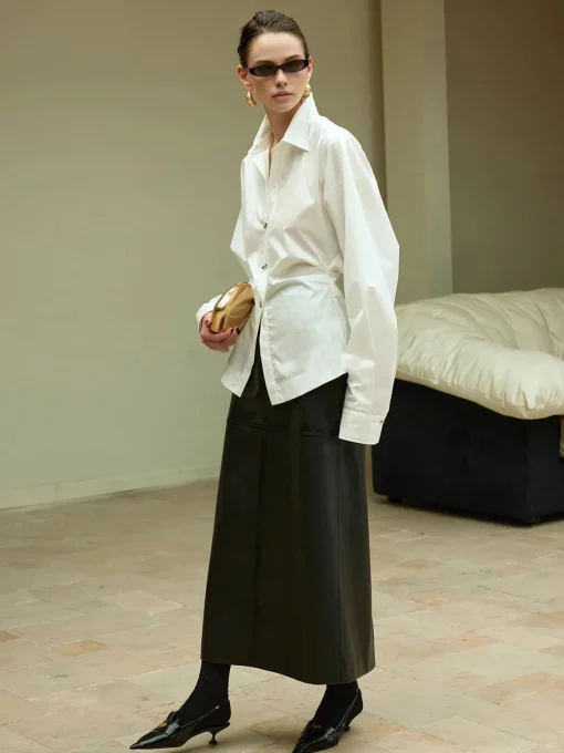 COMMENSE Blouses & Shirts|Tops^Cotton Side Pleated Polo Shirt White
