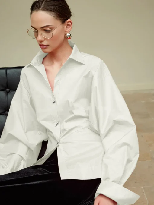 COMMENSE Blouses & Shirts|Tops^Cotton Side Pleated Polo Shirt White