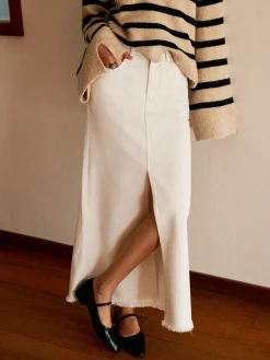 COMMENSE Skirts|Denim^Cotton Split Tassel Denim Skirt Off-White