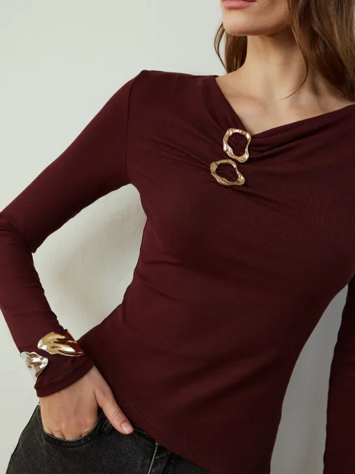 COMMENSE Blouses & Shirts|Tops^Cowl Neck Metal Decor Slim Blouse Burgundy