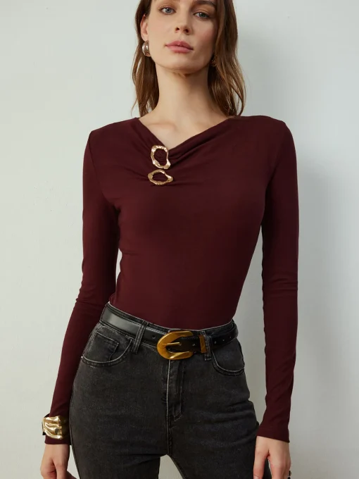 COMMENSE Blouses & Shirts|Tops^Cowl Neck Metal Decor Slim Blouse Burgundy