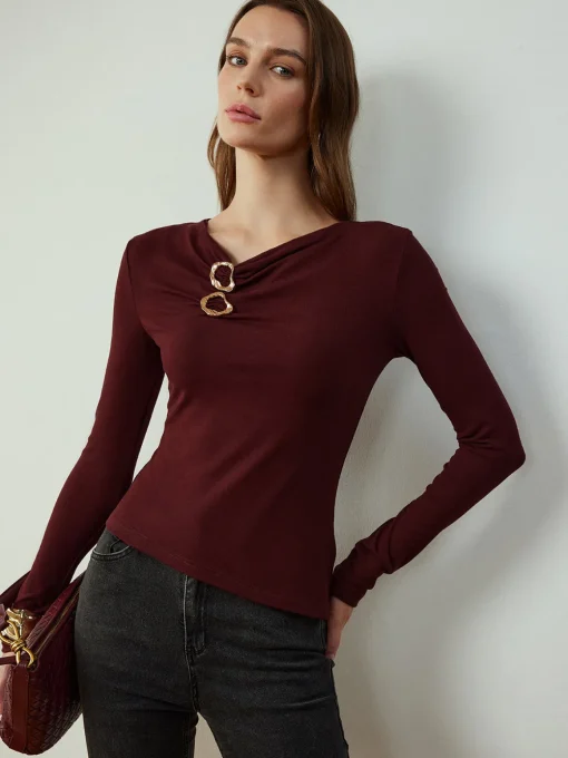 COMMENSE Blouses & Shirts|Tops^Cowl Neck Metal Decor Slim Blouse Burgundy