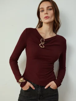COMMENSE Blouses & Shirts|Tops^Cowl Neck Metal Decor Slim Blouse Burgundy