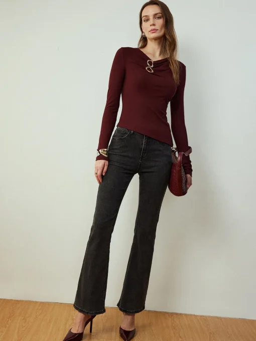 COMMENSE Blouses & Shirts|Tops^Cowl Neck Metal Decor Slim Blouse Burgundy