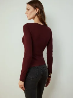 COMMENSE Blouses & Shirts|Tops^Cowl Neck Metal Decor Slim Blouse Burgundy