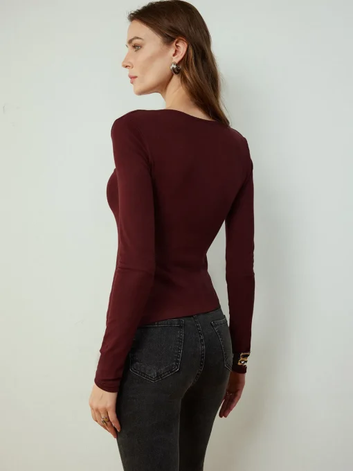COMMENSE Blouses & Shirts|Tops^Cowl Neck Metal Decor Slim Blouse Burgundy