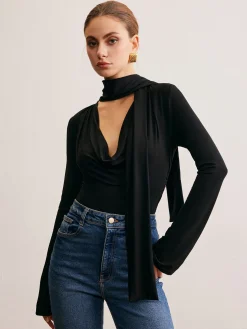 COMMENSE T-shirts|Tops^Cowl Neck Ribbon T-Shirt Black