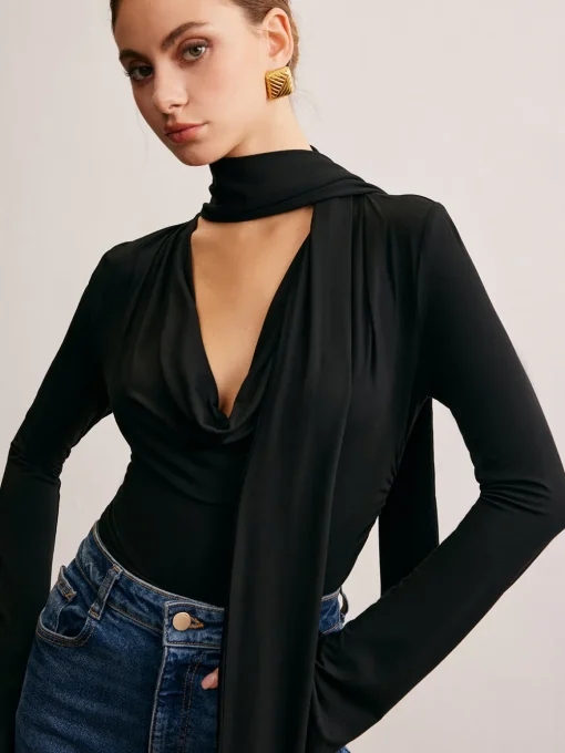 COMMENSE T-shirts|Tops^Cowl Neck Ribbon T-Shirt Black