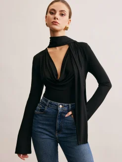 COMMENSE T-shirts|Tops^Cowl Neck Ribbon T-Shirt Black