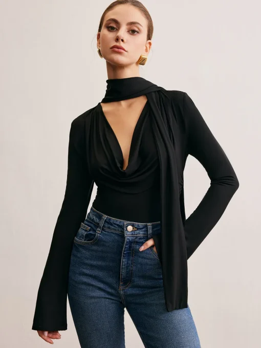 COMMENSE T-shirts|Tops^Cowl Neck Ribbon T-Shirt Black