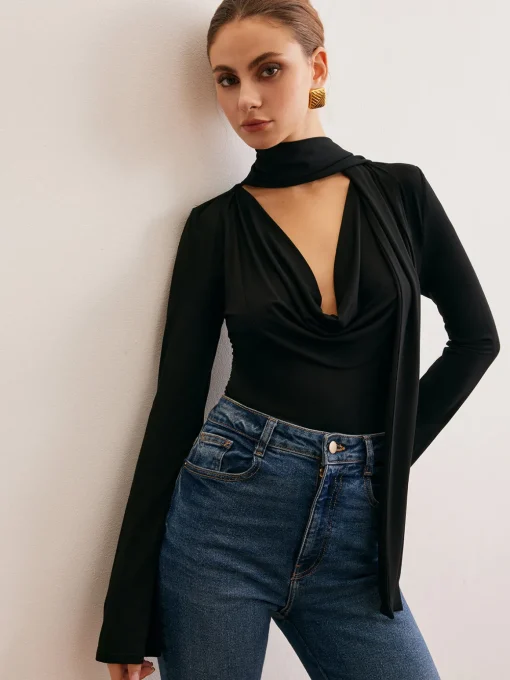 COMMENSE T-shirts|Tops^Cowl Neck Ribbon T-Shirt Black