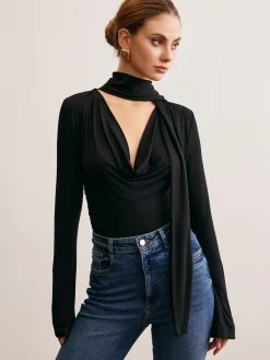 COMMENSE T-shirts|Tops^Cowl Neck Ribbon T-Shirt Black