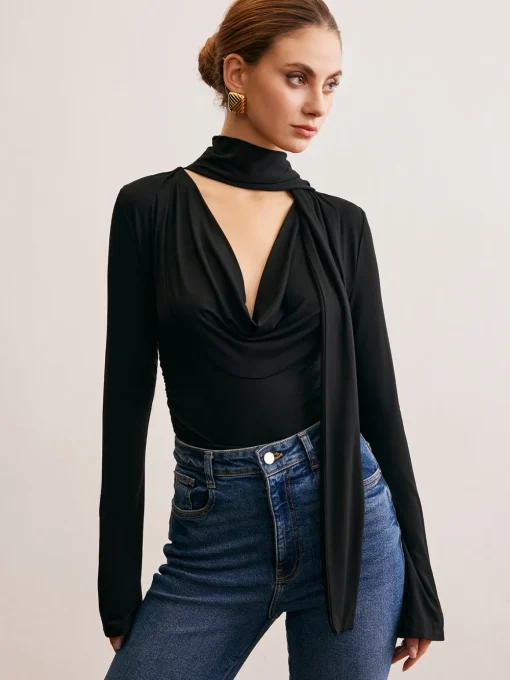 COMMENSE T-shirts|Tops^Cowl Neck Ribbon T-Shirt Black