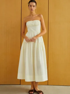 COMMENSE Work Dresses|Vacation Dresses^Creamy Zipper Pleated Midi Dress Apricot