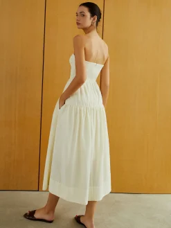 COMMENSE Work Dresses|Vacation Dresses^Creamy Zipper Pleated Midi Dress Apricot