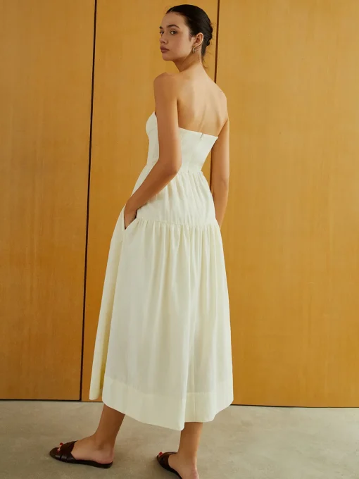 COMMENSE Work Dresses|Vacation Dresses^Creamy Zipper Pleated Midi Dress Apricot