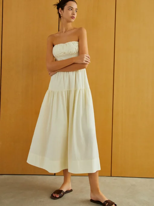COMMENSE Work Dresses|Vacation Dresses^Creamy Zipper Pleated Midi Dress Apricot