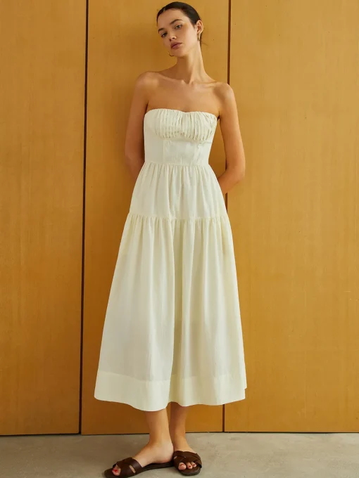 COMMENSE Work Dresses|Vacation Dresses^Creamy Zipper Pleated Midi Dress Apricot
