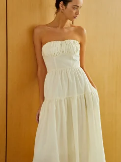 COMMENSE Work Dresses|Vacation Dresses^Creamy Zipper Pleated Midi Dress Apricot