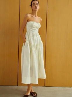 COMMENSE Work Dresses|Vacation Dresses^Creamy Zipper Pleated Midi Dress Apricot