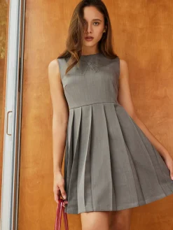 COMMENSE Casual Dresses|Short Dresses^Crew Neck Panel Pleated Tank Dress Grey