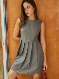 COMMENSE Casual Dresses|Short Dresses^Crew Neck Panel Pleated Tank Dress Grey