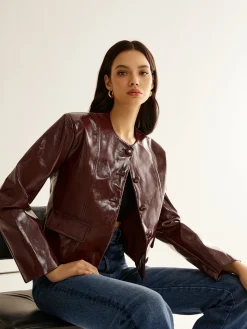 COMMENSE Outerwear|Blazers^Crew Neck PU Leather Short Blazer Burgundy